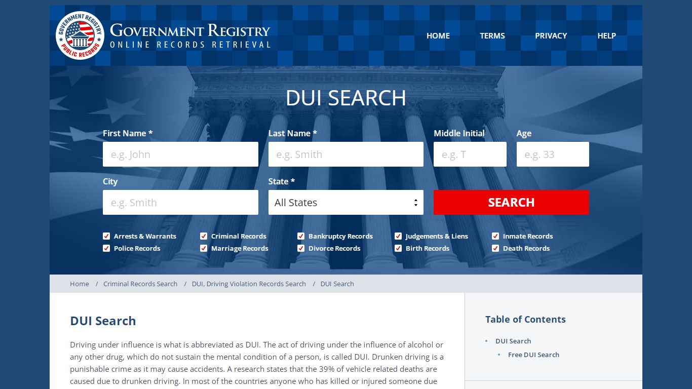 DUI Search | Free DUI Search | GovernmentRegistry.org